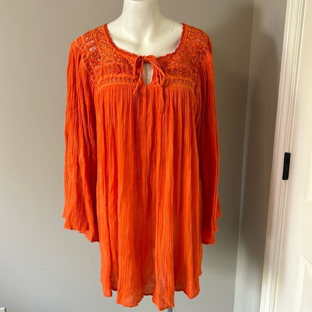 Jens Pirate Booty Orange Tunic Tie Front Embroidered Bell Sleeve Anthro one size